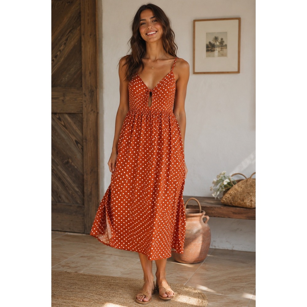 City Chic Plus Size Orange Polka Dot Midi Dress Boho Cottagecore Sundress 20